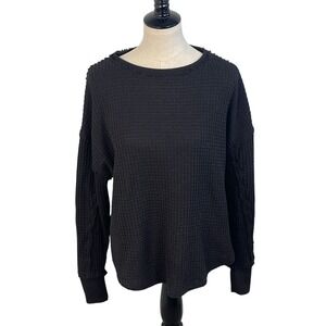 Womens Black Waffle Knit Long Sleeve Top Exposed Seam Raw Edge Relaxed Pullover